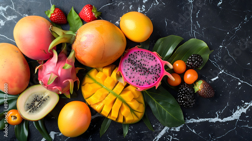 
Various tropical fruits including mango, papaya and dragon fruit on a black marble background. high resolution