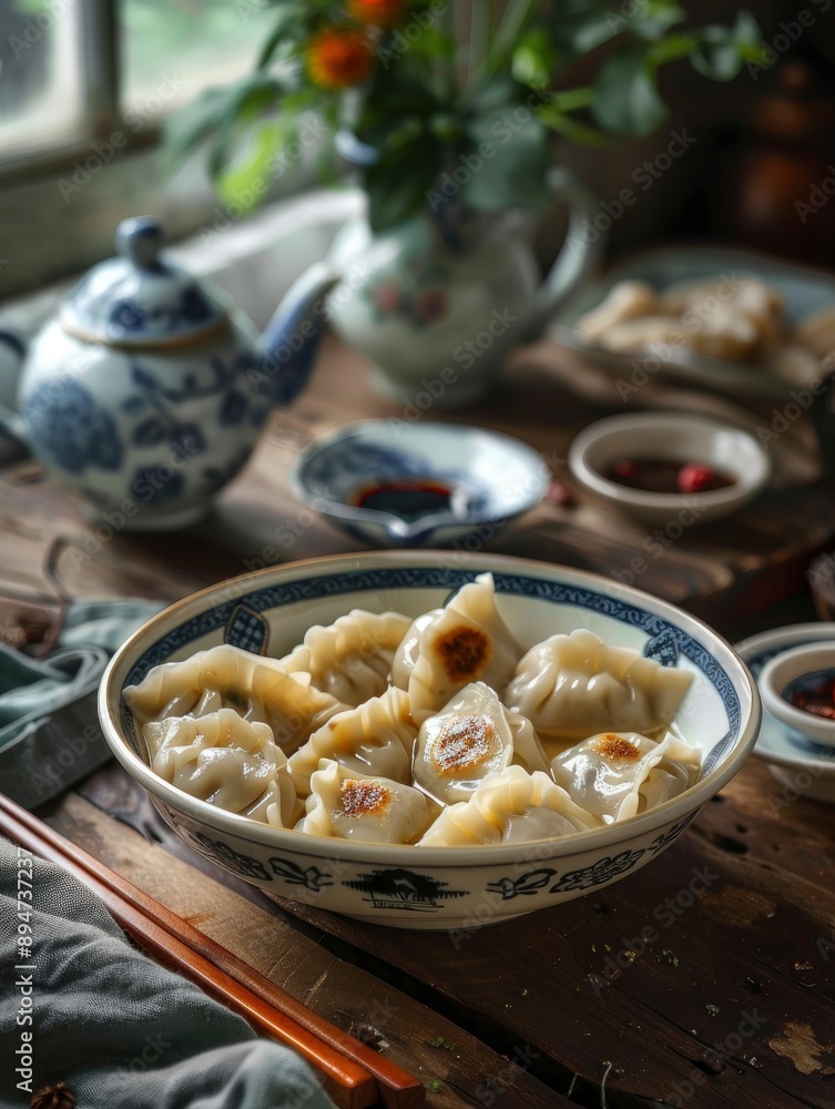 Delicious, fresh Jiaozi, beautiful serving, exquisite decor, light interior, staged professional photography, food photography Delicious, fresh Jiaozi, beautiful serving, exquisite decor, light interior, staged professional photography, food photography