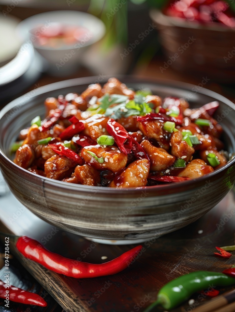Delicious, fresh Kung Pao Chicken, beautiful serving, exquisite decor, light interior, staged professional photography, food photography Delicious, fresh Kung Pao Chicken, beautiful serving, exquisite decor, light interior, staged professional photography, food photography