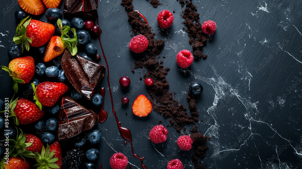 Sweet desserts on black background, candy cakes and berries, top view Sweet desserts on black background, candy cakes and berries, top view