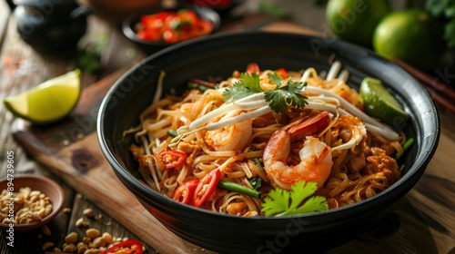 Delicious, fresh Pad Thai, beautiful serving, exquisite decor, light interior, staged professional photography, food photography