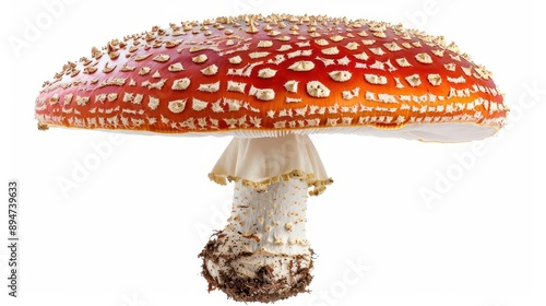 Close-up of a vibrant red and white Amanita muscaria mushroom, known for its bright colors and distinct dot pattern, isolated on white background.