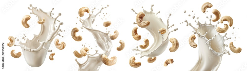 Naklejka premium Set of delicious cashew nuts splashing into milk, cream, yoghurt, or smoothie, cut out
