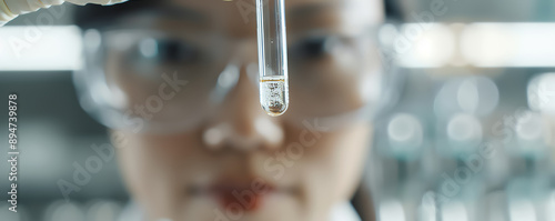 A female scientist holding a test tube with a glowing substance, emphasizing innovation and breakthroughs in chemistry