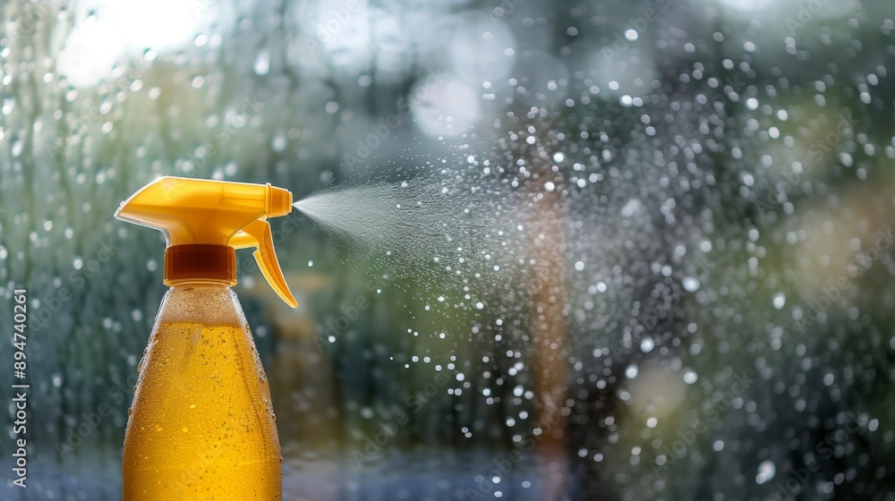 Cleaning spray bottle spraying cleaning product on glass window