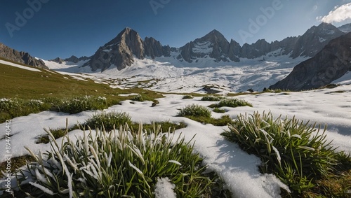 Alpine meadow with snow patterns and Koralm in Lavanttal Alps, Austria photo