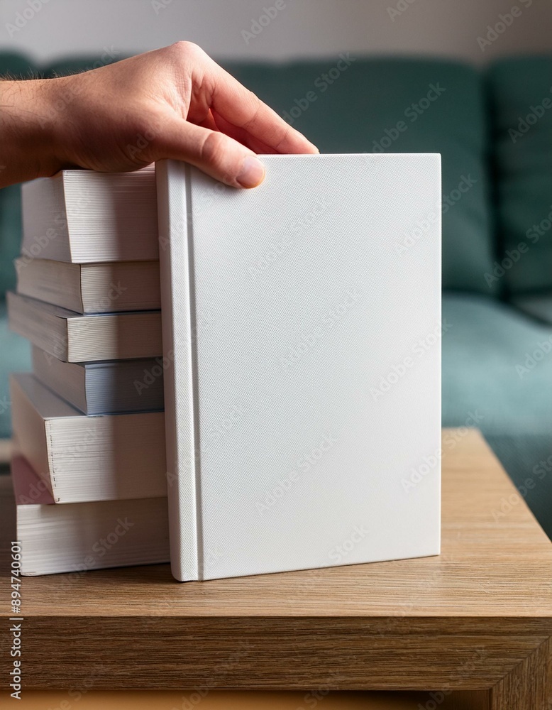 Mock up de libro con cubierta lisa y blanca para añadir ilustración encima de otros libros en una mesa con una mano cogiénolo Mock up de libro con cubierta lisa y blanca para añadir ilustración encima de otros libros en una mesa con una mano cogiénolo