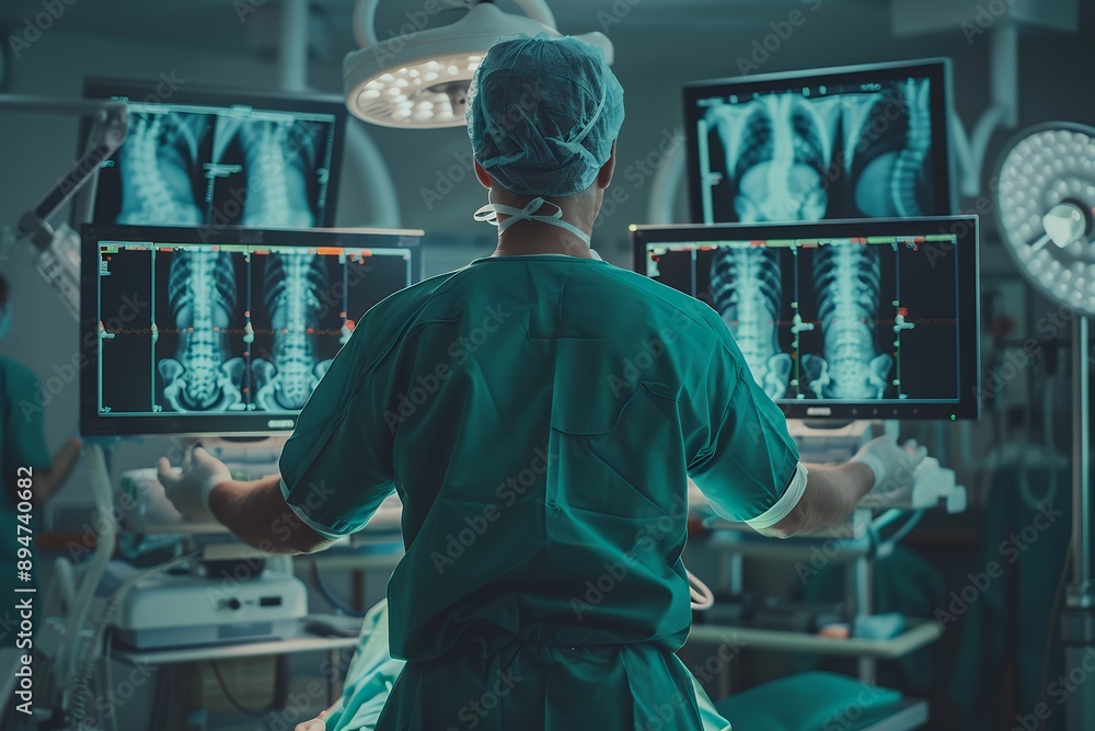 In the operating room, an urban male doctor in green is holding two X-ray images of patient spines on three large monitors and examining them carefully. The entire scene has been captured from behind, In the operating room, an urban male doctor in green is holding two X-ray images of patient spines on three large monitors and examining them carefully. The entire scene has been captured from behind,