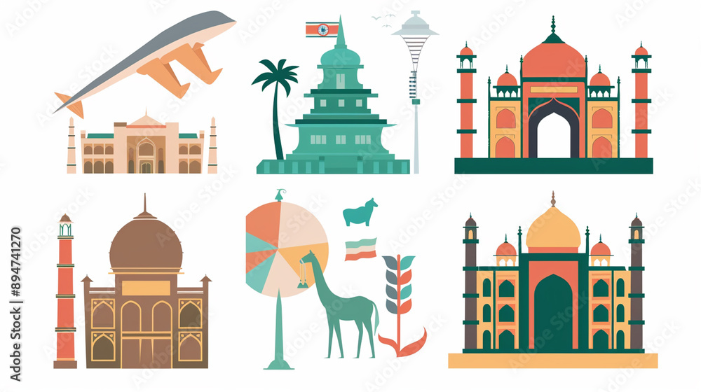 Obraz premium Various Indian cultural symbols presented in a vibrant and artistic manner.