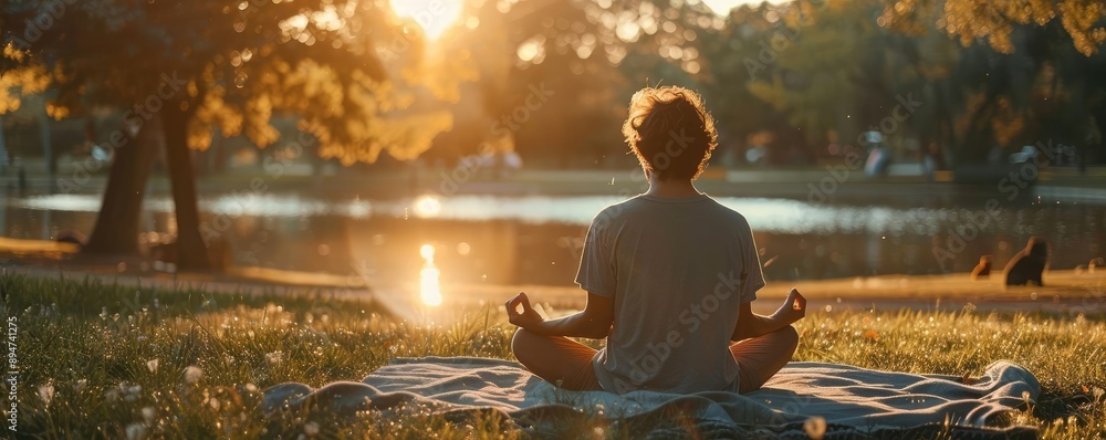 Person meditating on a blanket in a park, illustrating outdoor mindfulness practice Person meditating on a blanket in a park, illustrating outdoor mindfulness practice