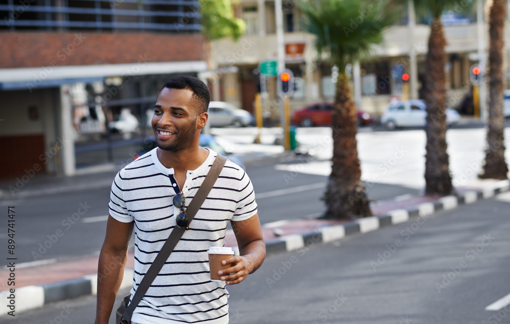Smile, creative and man walking in street for travel to job or work, coffee and thinking in morning for commute in city. Male employee, urban and outdoor for journey to designer agency in Los Angeles Smile, creative and man walking in street for travel to job or work, coffee and thinking in morning for commute in city. Male employee, urban and outdoor for journey to designer agency in Los Angeles