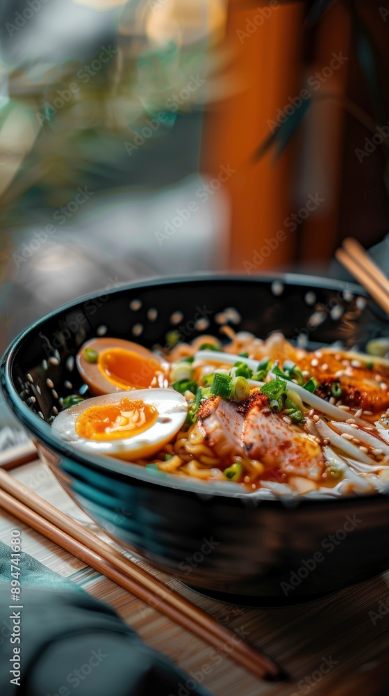 Delicious, fresh Ramen, beautiful serving, exquisite decor, light interior, staged professional photography, food photography Delicious, fresh Ramen, beautiful serving, exquisite decor, light interior, staged professional photography, food photography
