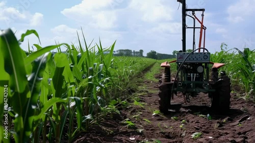 A small tractor plows through a cornfield under a clear sky, preparing the soil for planting. The scene suggests a sunny, warm day, essential for agricultural activity. The tractor's mechanical parts photo