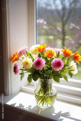 Beautiful flowers in a vase by the window, vertical composition