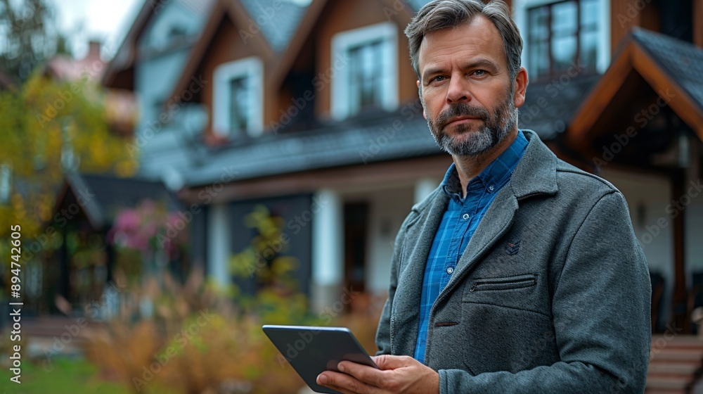 Male realtor showcasing modern residential house with digital tablet. Male realtor showcasing modern residential house with digital tablet.