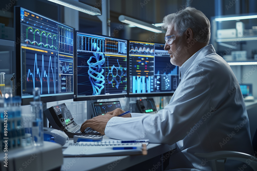 a medical scientist analyzing complex DNA data on a high-resolution computer screen. The lab setting should include multiple monitors displaying 3D models of DNA structures, detailed charts a medical scientist analyzing complex DNA data on a high-resolution computer screen. The lab setting should include multiple monitors displaying 3D models of DNA structures, detailed charts