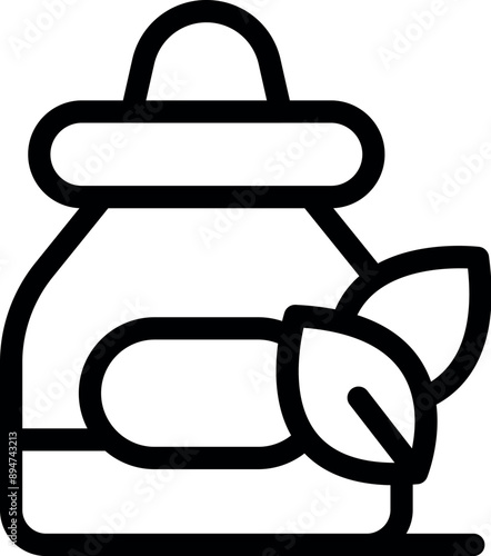 Line icon of a jar with pills and leaves representing a homeopathic medicine