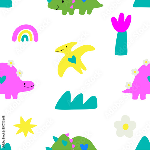 Cute dinosaur in cartoon style. Comic, simple form, trendy colors. Childish flat vector illustration. Dino seamless pattern