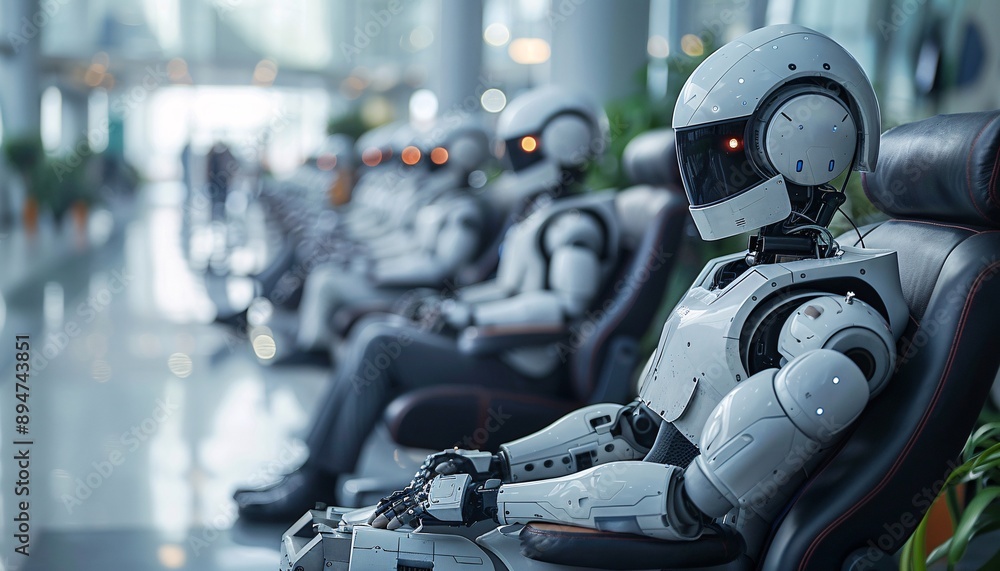 Humans and AI robots competing for work opportunities in office. Humans and AI robots competing for work opportunities in office.