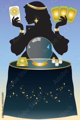 Black silhouette of a fortune teller with crystal ball on white background