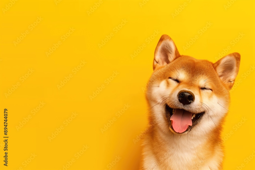 Happy smiling cute Shiba Inu dog isolated on yellow background with copy space Happy smiling cute Shiba Inu dog isolated on yellow background with copy space