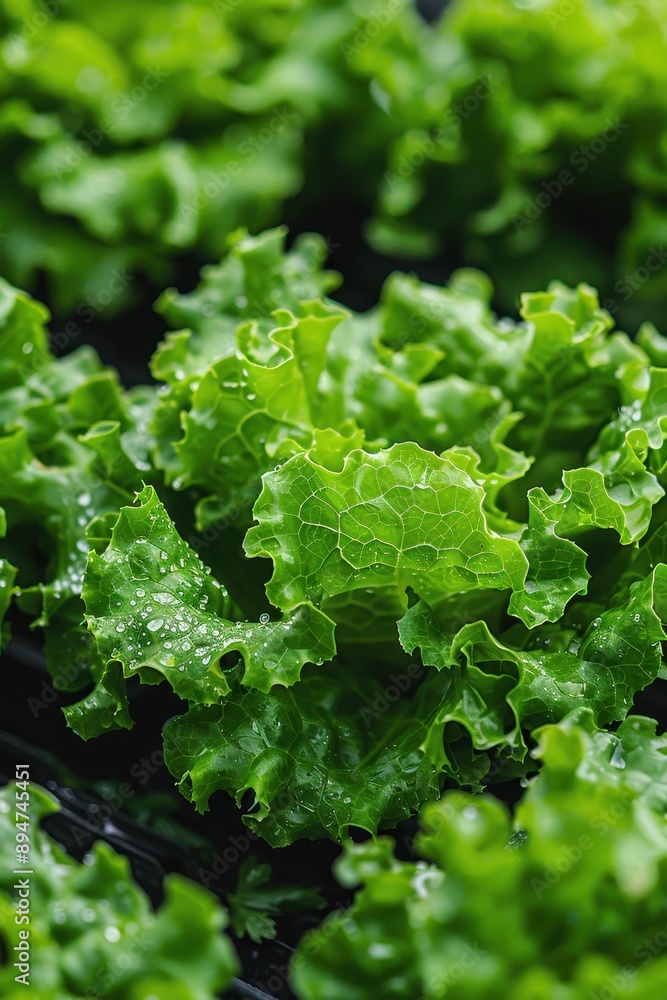 Fresh Green Lettuce Leaves with Water Droplets in Close-Up View, Perfect for Healthy Eating and Organic Food Concepts Fresh Green Lettuce Leaves with Water Droplets in Close-Up View, Perfect for Healthy Eating and Organic Food Concepts