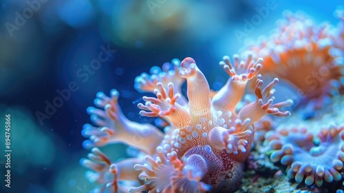 Coral polyps seen in close-up, under clear blue water, highlighting their stunning natural patterns