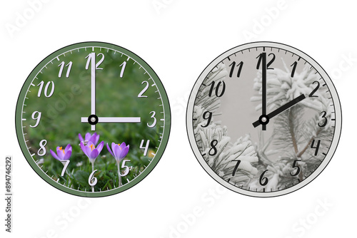 Two clocks: one represents summer and shows 03:00, the other represents winter and shows 02:00. Transition of time, the change to standard time, the shift to winter time, the hands move backwards. photo