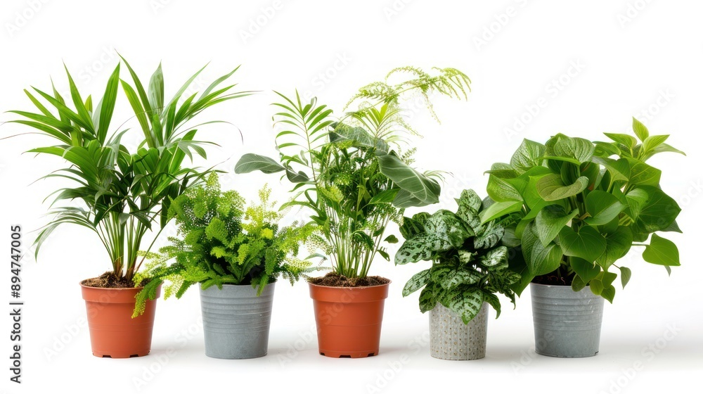 Five potted plants, in different styles, against white background Five potted plants, in different styles, against white background