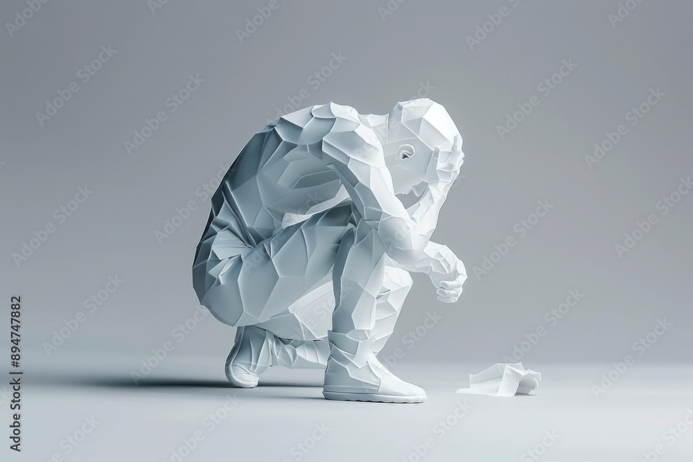 A white sculpture of a man crouching on a white background. The man is holding his head in his hands. A white sculpture of a man crouching on a white background. The man is holding his head in his hands.