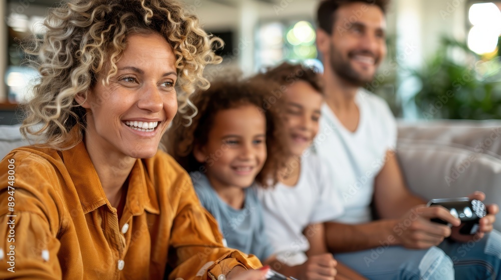 A family with two children, smiles abound, enjoy playing a video game together in the living room, exemplifying joy, bonding, and shared happiness in a warm home setting. A family with two children, smiles abound, enjoy playing a video game together in the living room, exemplifying joy, bonding, and shared happiness in a warm home setting.