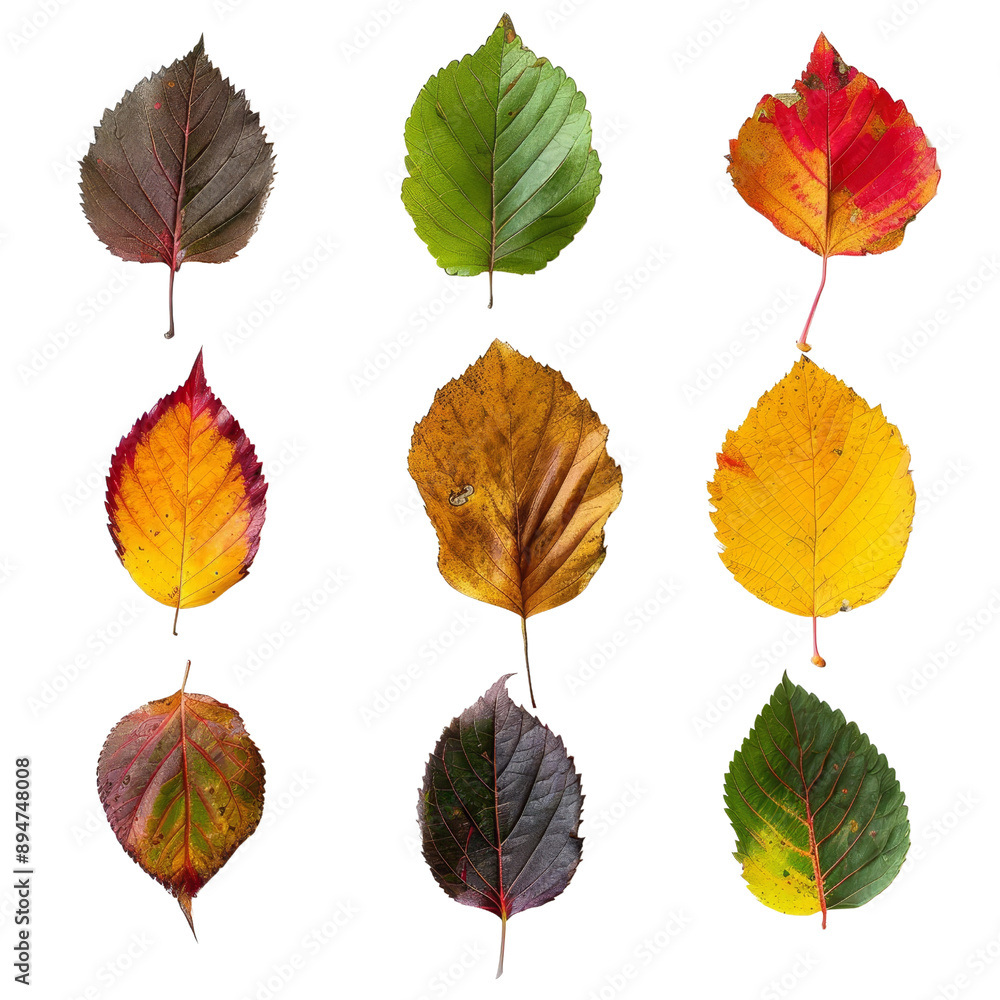 Obraz premium Collection of colorful autumn leaves, isolated on white background. Perfect for seasonal designs and nature-themed projects.