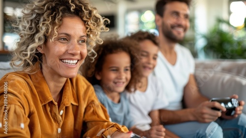 A family with two children, smiles abound, enjoy playing a video game together in the living room, exemplifying joy, bonding, and shared happiness in a warm home setting.