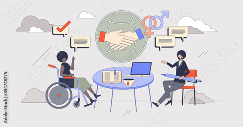 Diversity and inclusion in job workplace tiny person neubrutalism concept. Social, racial, ethnic and gender equality in work office vector illustration. Colleague integration and acceptance.