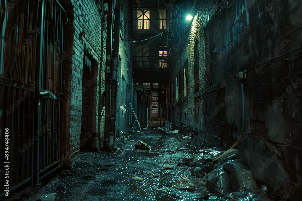 Fototapeta premium Creepy scary narrow alleyway at night in the city. Scary alley.