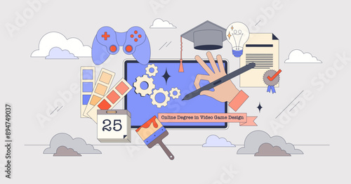 Online degree in video game design career tiny person neubrutalism concept. Study for professional digital entertainment platform creation vector illustration. Distant learning education diploma.