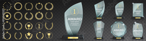 Glass award trophy set. Transparent prize template. Winner first place concept. Vector illustration. Winner glass trophy. First place award, crystal prize and signed acrylic trophies. Glass awarding