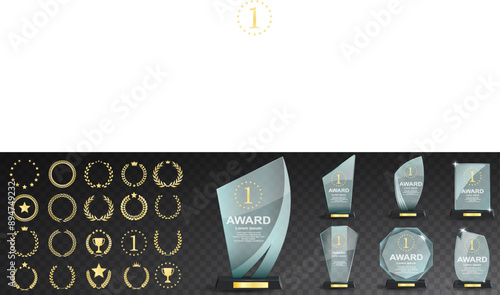 Glass award trophy set. Transparent prize template. Winner first place concept. Vector illustration. Winner glass trophy. First place award, crystal prize and signed acrylic trophies. Glass awarding