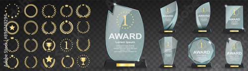 Glass award trophy set. Transparent prize template. Winner first place concept. Vector illustration. Winner glass trophy. First place award, crystal prize and signed acrylic trophies. Glass awarding