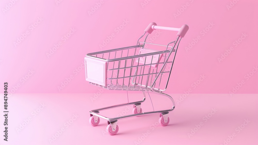 A silver shopping cart against a pink background, symbolizing luxury and retail A silver shopping cart against a pink background, symbolizing luxury and retail
