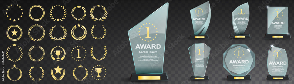 Glass award trophy set. Transparent prize template. Winner first place concept. Vector illustration. Winner glass trophy. First place award, crystal prize and signed acrylic trophies. Glass awarding Glass award trophy set. Transparent prize template. Winner first place concept. Vector illustration. Winner glass trophy. First place award, crystal prize and signed acrylic trophies. Glass awarding