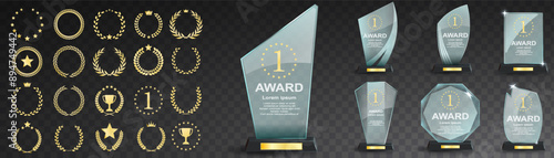 Glass award trophy set. Transparent prize template. Winner first place concept. Vector illustration. Winner glass trophy. First place award, crystal prize and signed acrylic trophies. Glass awarding