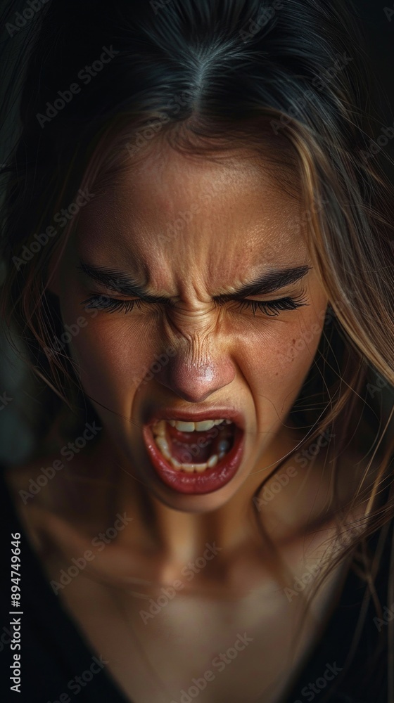 A dramatic close-up of a young woman shows intense emotion with tightly shut eyes, furrowed brows, and a wide scream. Tension and shadows amplify the powerful atmosphere. A dramatic close-up of a young woman shows intense emotion with tightly shut eyes, furrowed brows, and a wide scream. Tension and shadows amplify the powerful atmosphere.