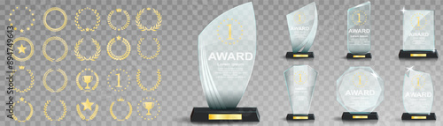 Glass award trophy set. Transparent prize template. Winner first place concept. Vector illustration. Winner glass trophy. First place award, crystal prize and signed acrylic trophies. Glass awarding