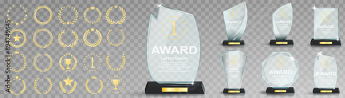 Glass award trophy set. Transparent prize template. Winner first place concept. Vector illustration. Winner glass trophy. First place award, crystal prize and signed acrylic trophies. Glass awarding
