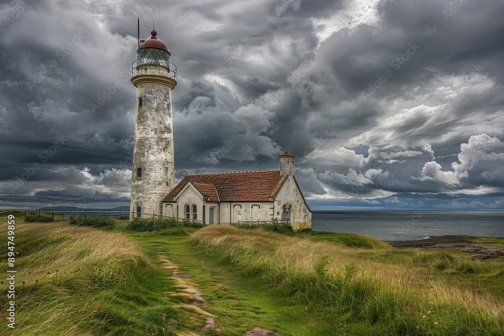 Lighthouse. Standing Tall Amidst Grass with Cloudy Sky in the Background Lighthouse. Standing Tall Amidst Grass with Cloudy Sky in the Background