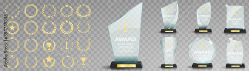 Glass award trophy set. Transparent prize template. Winner first place concept. Vector illustration. Winner glass trophy. First place award, crystal prize and signed acrylic trophies. Glass awarding