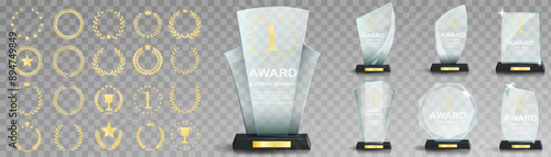 Glass award trophy set. Transparent prize template. Winner first place concept. Vector illustration. Winner glass trophy. First place award, crystal prize and signed acrylic trophies. Glass awarding