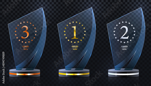 Glass award trophy set. Transparent prize template. Winner first place concept. Vector illustration. Winner glass trophy. First place award, crystal prize and signed acrylic trophies. Glass awarding