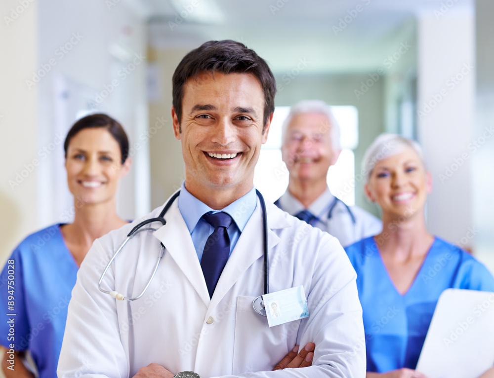 Portrait, doctor and man with arms crossed, group and happy for leadership in hospital, proud and expert. Clinic, medical professional and confidence of people, healthcare and lab coat for employees Portrait, doctor and man with arms crossed, group and happy for leadership in hospital, proud and expert. Clinic, medical professional and confidence of people, healthcare and lab coat for employees
